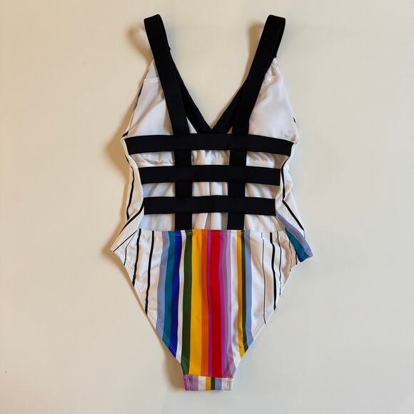 Rachel Roy One Piece Stripe Swimsuit Sz Small NWOT Rainbow Lattice Back Beach - Picture 3 of 9